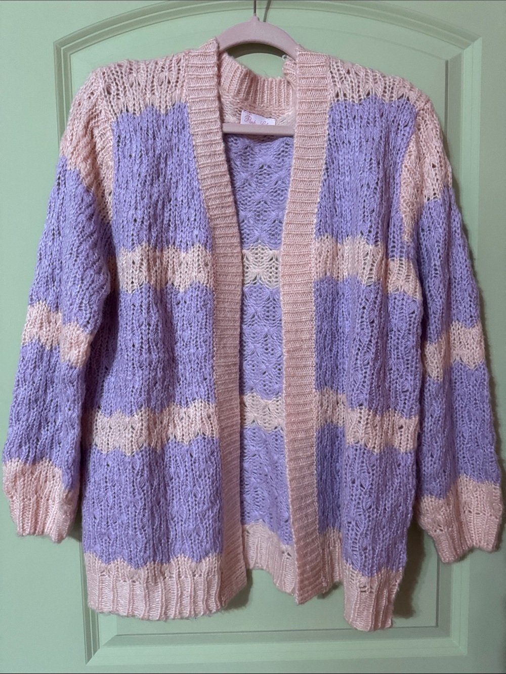 Pink Lily Lavender and Cream Open-Front Cable Cardigan